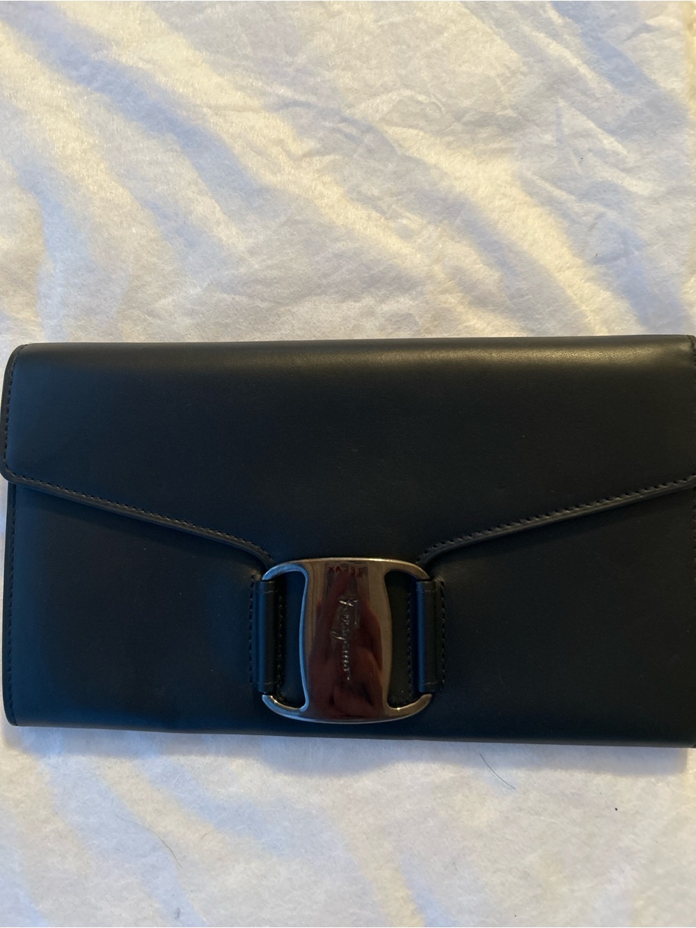 Salvatore Ferragamo Black Leather Clutch with Silver Buckle